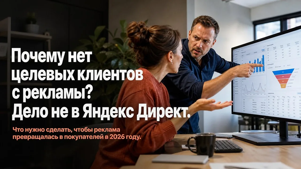 Менеджер и маркетолог разбирают сводку заявок из рекламы: двое у монитора с воронкой продаж