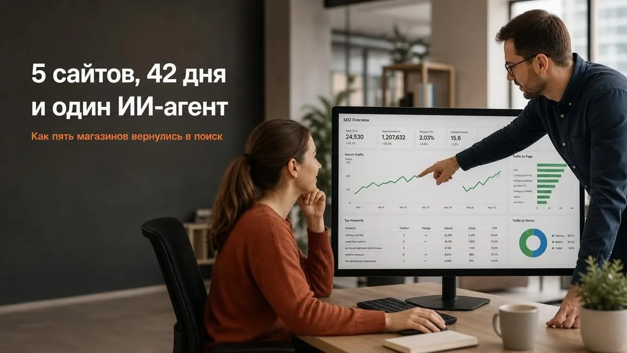 Обложка кейса: как один ИИ-агент вёл SEO пяти интернет-магазинов 42 дня